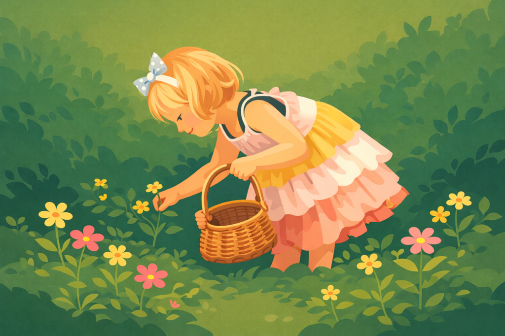 spring, girl, flowers, picking flowers, child, childhood, nature, garden, floral, bloom, blossom, cute, innocence, outdoor, meadow, plants, greenery, basket, lifestyle, seasonal, fresh, calm, vector style, minimal, ai generated